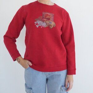 Northern Reflections Red Dog Cat Fireplace Cottage Animal Graphic Sweater M